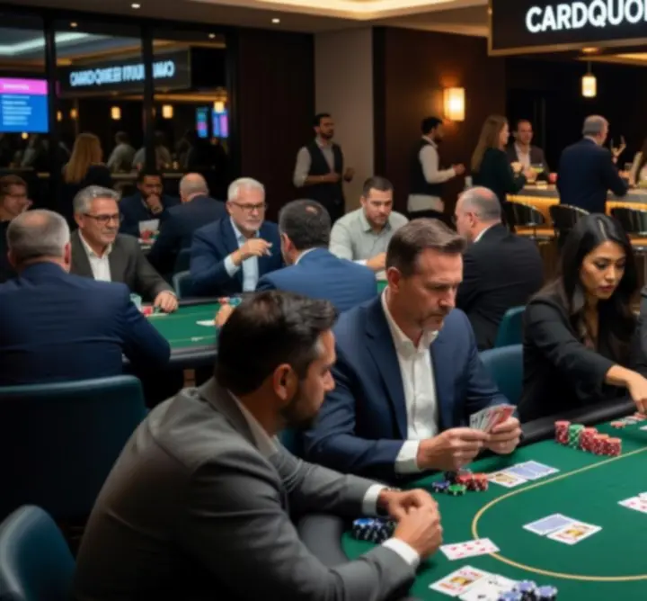 Akcja przy stole pokerowym podczas turnieju w 4 RES & BMS Mariusz Dudek, gracze skupieni nad rozdaniem.