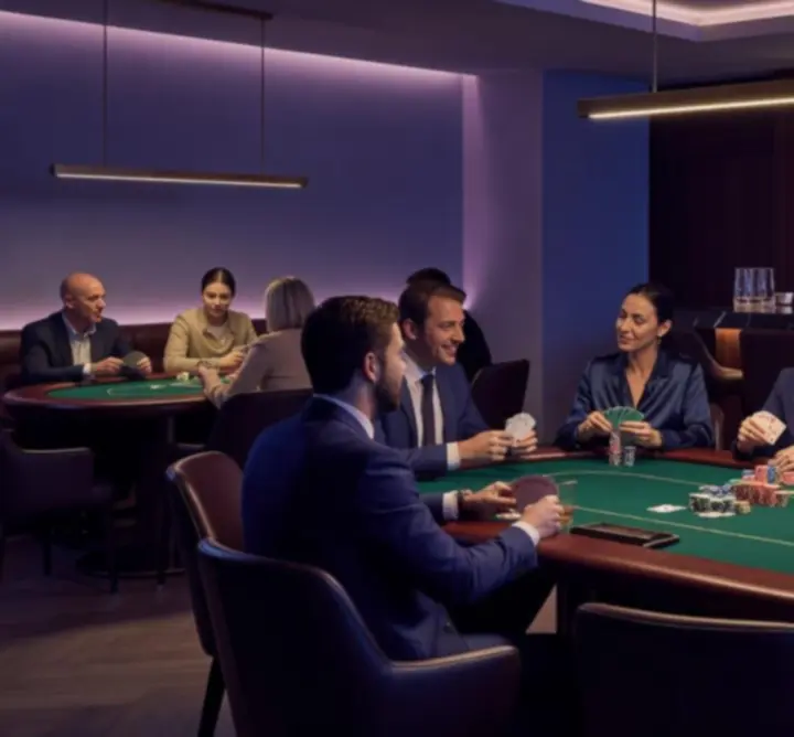 Nowoczesne wnętrze Poker Lounge 4 RES & BMS Mariusz Dudek z zielonymi stołami i nastrojowym oświetleniem.